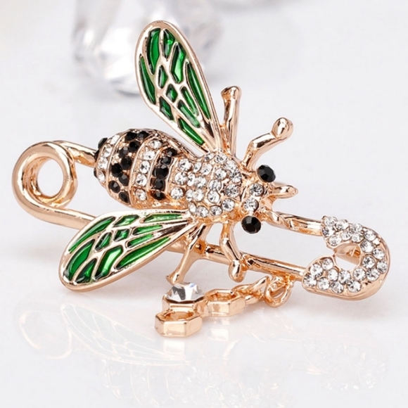 Gold Honey Bee Safety Pin Rhinestone Brooch - Picture 4 of 6